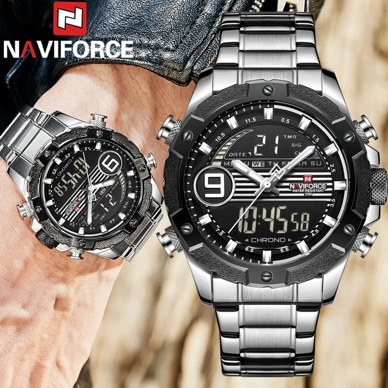 Naviforce 9146 Reloj Hombre Original Acero Digital + Análogo 100% Funcional Espejo Mío